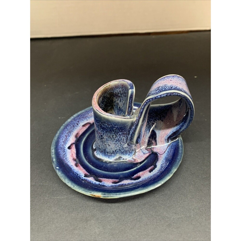 Bay Pottery Candlestick Taper Candle Holder Beautiful Pink & Blue Art